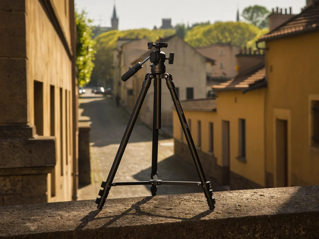 Carbon-Reisestativ mit Kugelkopf auf einer Steinmauer ueber einer Altstadtgasse