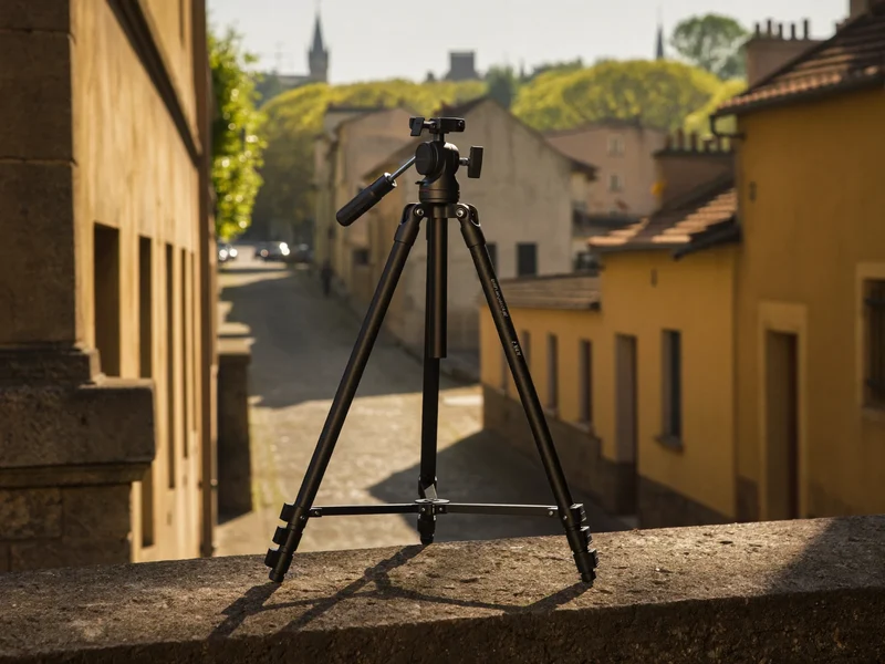 Carbon-Reisestativ mit Kugelkopf auf einer Steinmauer ueber einer Altstadtgasse